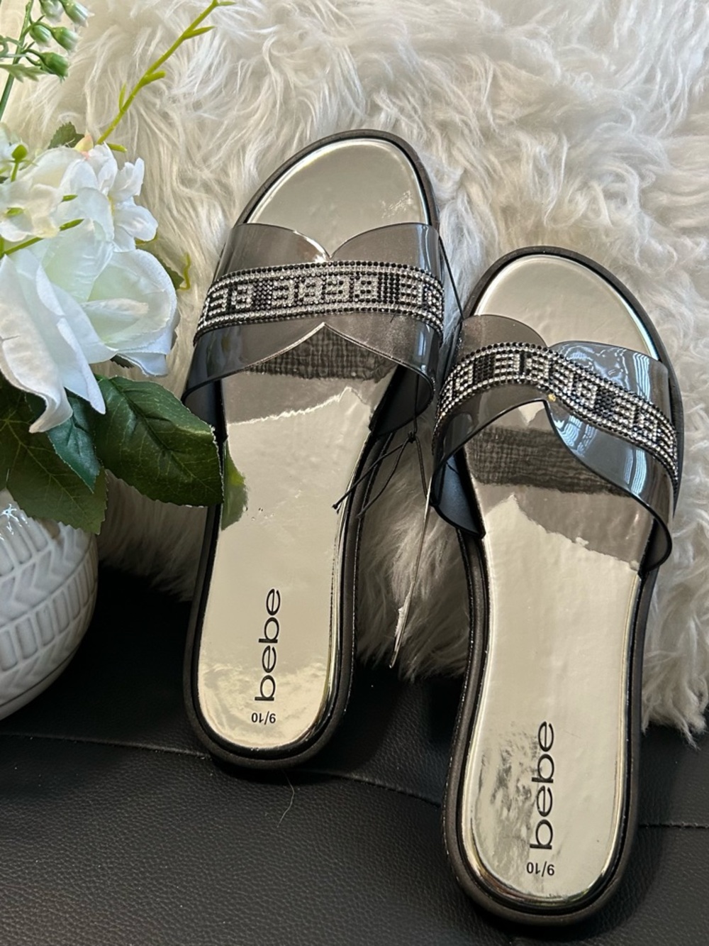 NWT Bebe Metallic Silver Rhinestone Slide Sandals - Women Size 9/10